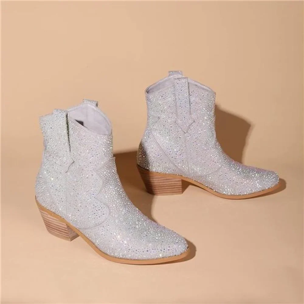 Women's Rhinestone Cowboy Boots Sparkly Knee High Boots Fashion Pointed - Picture 2 of 8